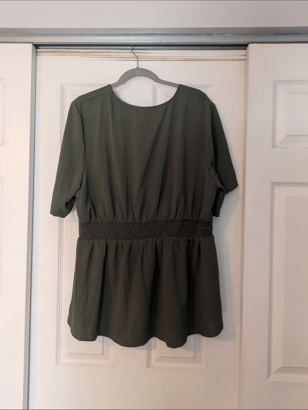 3XL - Olive Green Women's Short Sleeve V-Neck Peplum Top - Picture 6 of 6